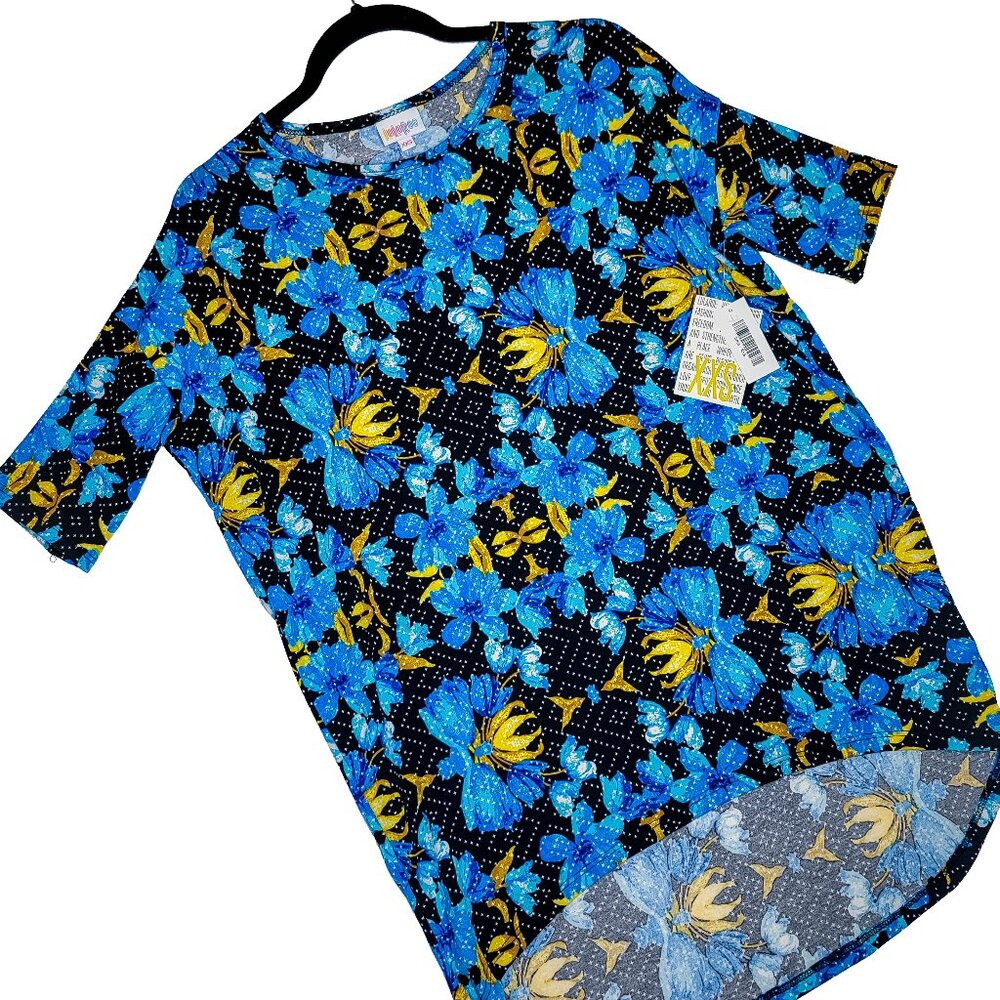 LuLaRoe Irma Tunic XXS Floral Black Blue Green Romantic Hi Low Dolman Top